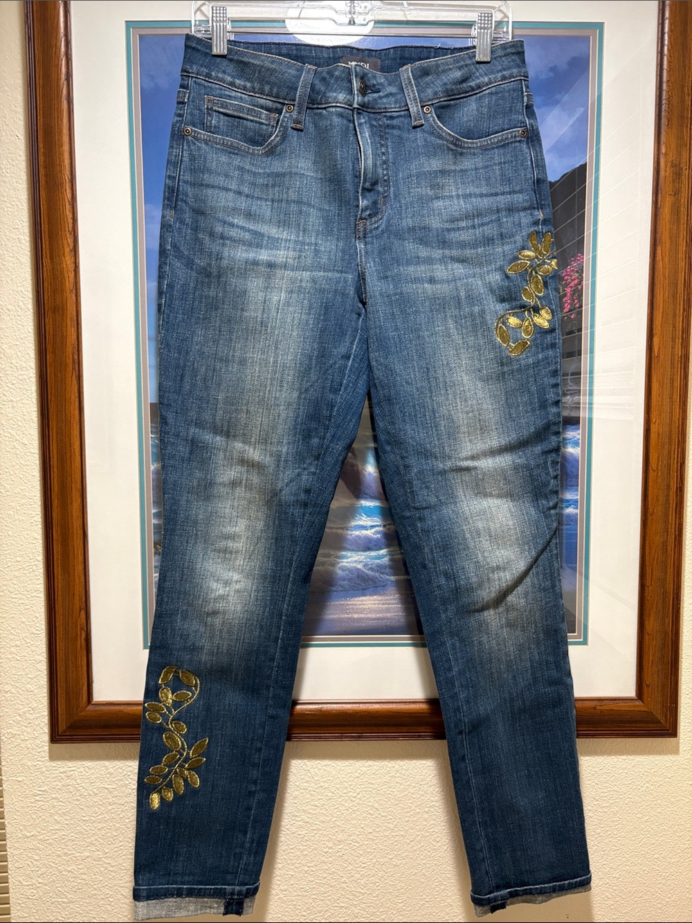 NYDJ Women's Blue Denim Jeans with Gold Floral Embroidery